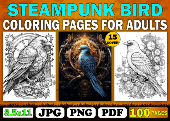100 Steampunk Birds Coloring Book Pages