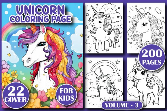 200 Unicorn Coloring Pages for Kids V.3
